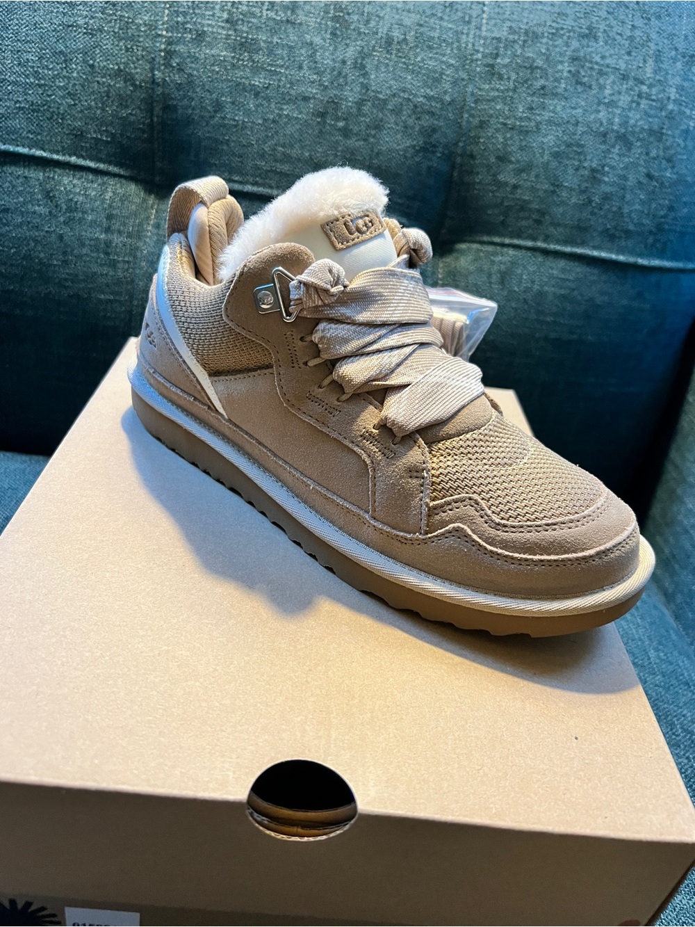 UGG Lowmel Kids Tan Lace-Up Sneaker with Plush Collar